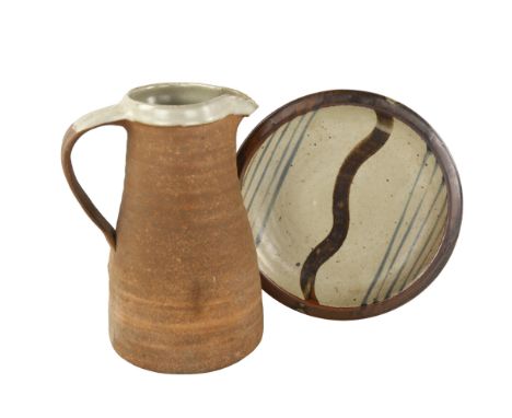 A Leach pottery St Ives,  mid-century plate with stylised willow trees design and a Leach standard ware jug, both with impres