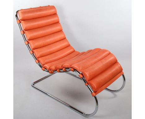 MIES VAN DER ROHE, a Knoll Studio MR chaise in red leather with impressed maker’s marks to rear stretcher, designed in 1929, 