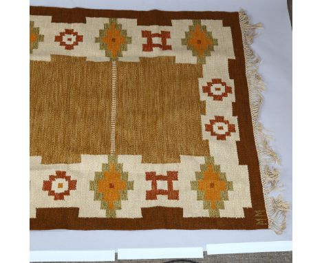 A 1960s' Scandinavian Rolakan flat weave rug, woven "MM" signature to border, 204 x 133cmGood condition, light use. 