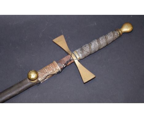A 19th Century Masonic ceremonial sword, with a wired shagreen and brass grip and leather scabbard 