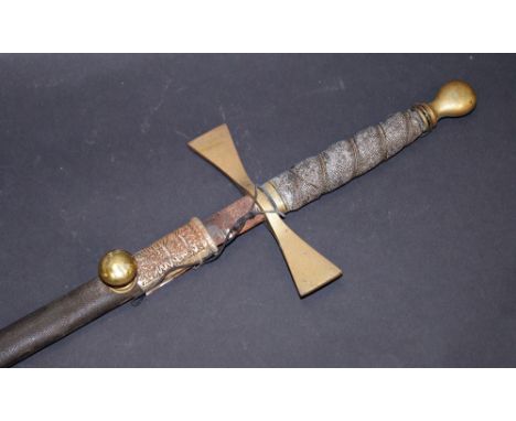 A 19th Century Masonic ceremonial sword, with a wired shagreen and brass grip and leather scabbard 