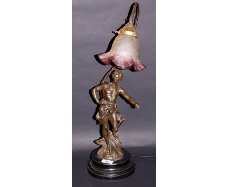 Bronzed figural table lamp on an ebonised base (not tested)