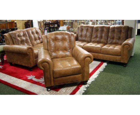 Modern tan leather three-piece suite with button and studded detail