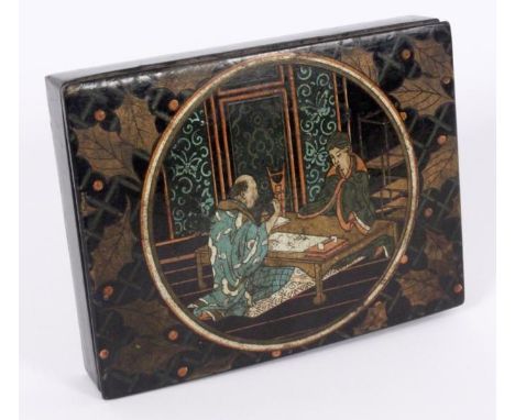 A BOX FOR GAMING PIECES 19th century Lacquer work, colourful painted with Japanese couple playing a board game, 2x13x10cm. DO