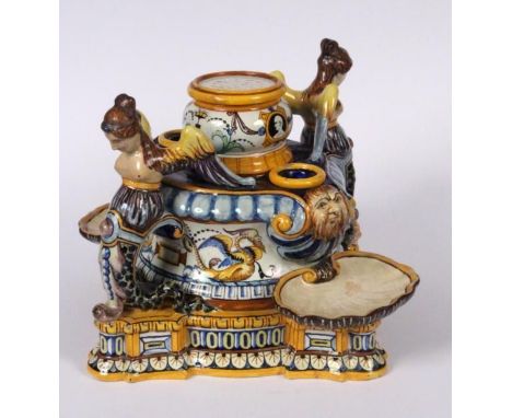 AN INKWELL IN URBINO STYLE Ginori, Italy Coloured Majolica, maker's mark, height 18cm. TINTENFASS IM URBINO STIL Ginori, Ital