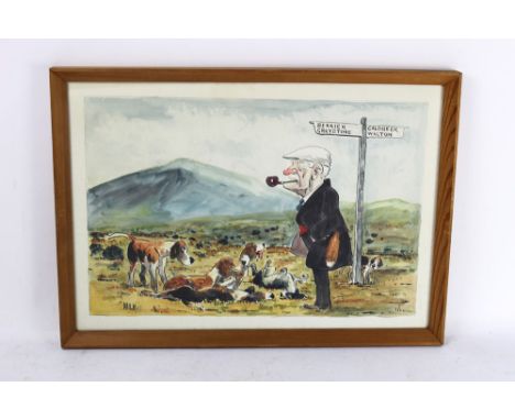 Wilk John William Wilkinson (1906-1994) a watercolour cartoon of gentleman from the Mungrisedale area, with a fox brush hangi