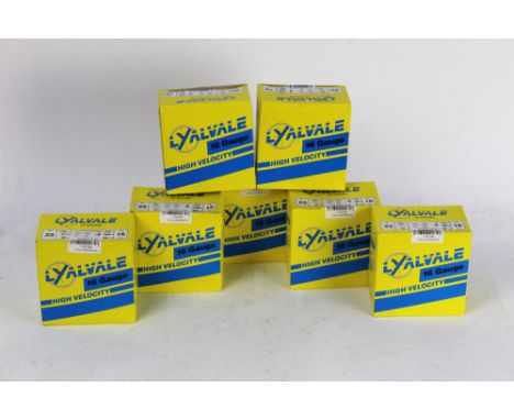Seven boxes of Lyalvale 16 bore shotgun cartridges, 2 1/2" chamber, 28 gram shot size 4, plastic wad.   SHOTGUN CERTIFICATE R
