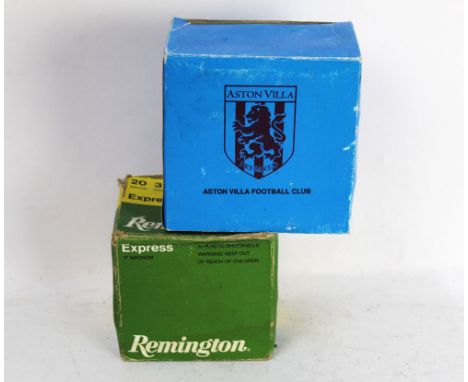 A box of twenty five Eley Aston Villa Football Club 12 bore paper cased shotgun cartridges, together with twenty two 20 bore 