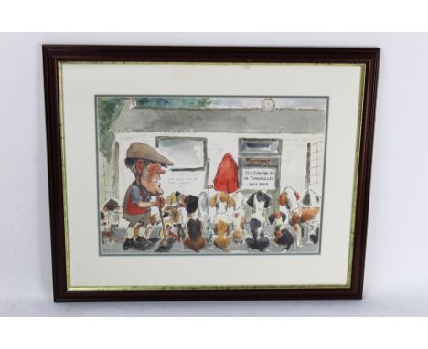 Wilk John William Wilkinson (1906-1994) a watercolour a cartoon depicting Johnny Richardson and The Blencathra Foxhounds at t