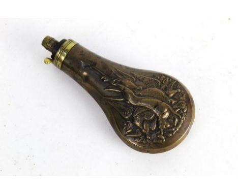 A copper powder flask with embossed hanging game scene, overall length 18 cm