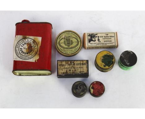 Quantity of vintage black powder and ammunition tins, to include Curtis & Harvey, .310 Cattle Killer cartridges by Webley & S