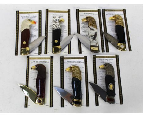 Seven Franklin Mint Eagle collectors penknives by Ray Beers.   This bladed product is not for sale to people under the age of