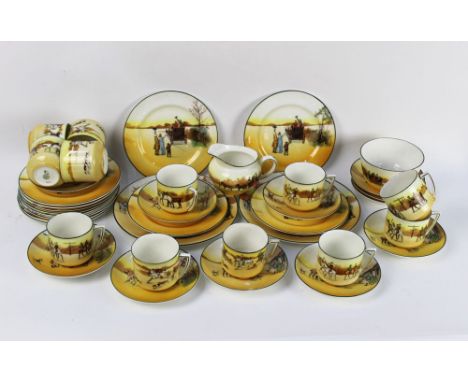 A Royal Doulton foxhunting and coaching patterned part tea set, with various tea cups, saucers, sugar basin, milk jug etc +/-