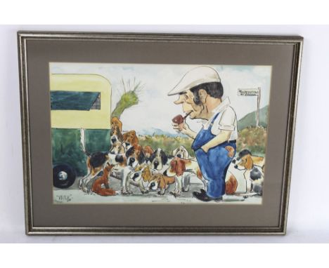 Wilk John William Wilkinson (1906-1994) a watercolour a cartoon depicting The Blencathra Foxhounds with fox and Mr Tyson with