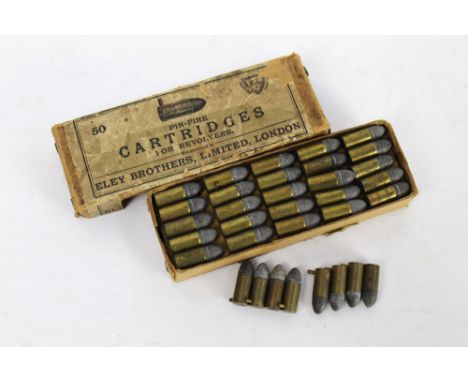 Fifty eight vintage Eley pin fire cartridges for revolvers, the box marked Eley Brothers Limited London and to the side W.R. 