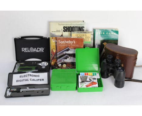 A pair of Ross of London Solaross 12 x 40 binoculars, with a reloader, scale, electronic digital callipers, various books, Ca