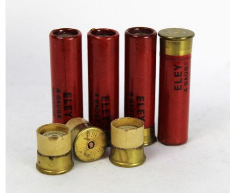 Four Eley Kynoch 4 bore shotgun cartridges BB shot, together with three 4 bore blanks. SHOTGUN CERTIFICATE REQUIRED.  WE CANN