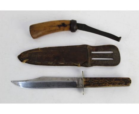 A Bowie type knife, the blade marked Midland Army Stores Ltd, with 6" blade and with stag antler scales and leather sheath an