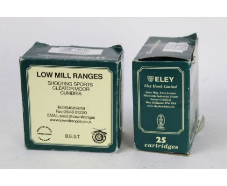 Two boxes of 50 rounds Lowmill Ranges Shooting Sports Cleator Moor Cumbria 12 bore shotgun cartridges, 65 mm, 32 gram, shot s