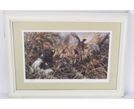Mick Cawston two signed limited edition prints, first with beaters, labradors, spaniels and pheasants No. 185/850, 25 x 41 cm