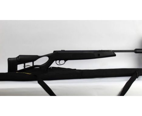 A Hatsan Edgar Brothers Striker Edge sniper, cal 22 break barrel air rifle, with black synthetic stock and comes with a rifle