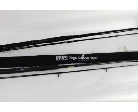 Two rods, a Master Line Master Spin rod in two sections, 9', together with a Dam Magic carbon spin in two sections 2.4 m.