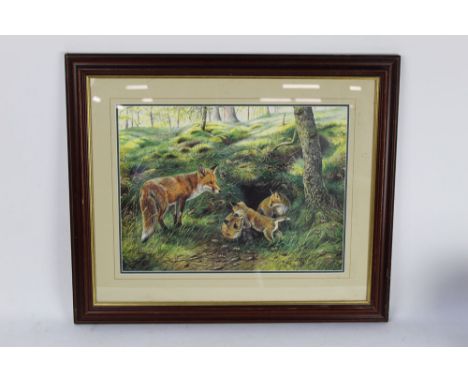 Three prints, the first of a red stag by Robert E Fuller, signed limited edition No 227/300, 20 x 29 cm, framed and mounted t