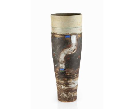 Robin Welch (1936-2019)Large vesselblack glaze with oatmeal rim, with bands of white, red, and blueimpressed potter's seal63.