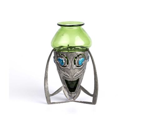 Archibald Knox (1864-1933) for Liberty & Co.Vase, circa 1902-05pewter enamel detail and green glass linerimpressed model no. 