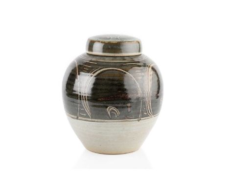 Eddie Hopkins (1941-2007) at Winchcombe PotteryLarge jar and covernuka glaze with sgraffito motifs over a grey groundimpresse