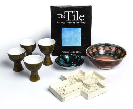 Kenneth Clark (1922-2012)Two bowls and three gobletssignedlargest bowl 19cm diameter; and a ceramic cross by Ann Clarke, and 