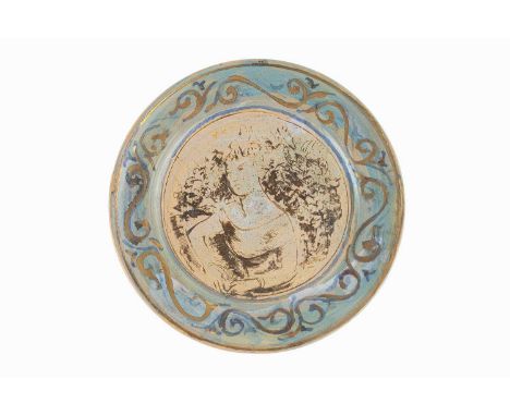 Quentin Bell (1910-1996) at Fulham PotteryFooted plateDecorated with a Maiden within a gilt bordersigned and with Fulham Pott