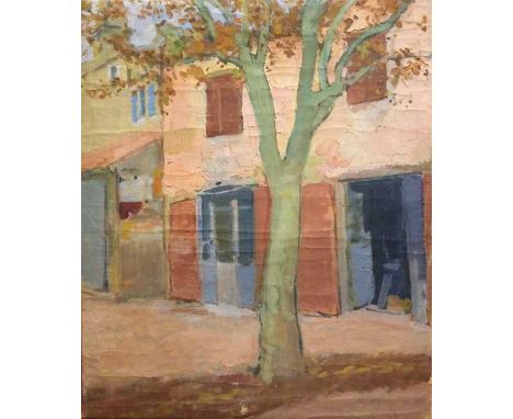 Philip Naviasky (1894-1983)A Tree in a Continental Townsigned (lower right)oil on canvas60 x 50cm, unframed.Quite a lot of cr
