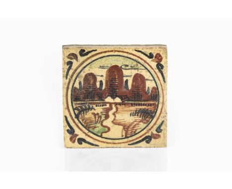 Attributed to Bernard Leach (1887-1979) at Leach PotteryTilepainted with a farm within a mountainous landscapeimpressed potte