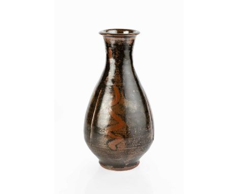 Jim Malone (b.1946) at Ainstable PotteryBottle vasetenmoku with iron brushwork motifimpressed potter's and pottery seals27cm 