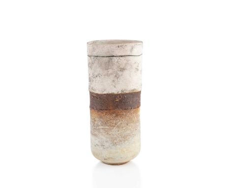 Robin Welch (1936-2019)Vesselstoneware, textured bands of glaze in pink, orange, and ochreimpressed potter's seal22cm high.Ap