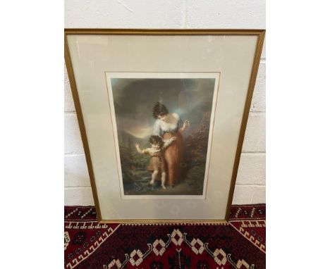 An early 1900's coloured engraving print depicting mother and child . Signed in pencil by the artist. [Frame: 96 x 71cm] 