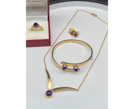 A Lovely example of a ladies Danish made 14ct gold and Amethyst set necklace, bangle and ring. One earring. [24.39grams in to