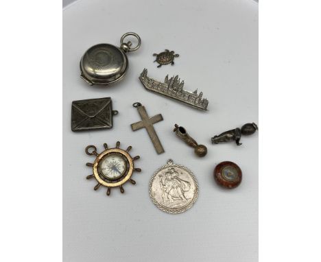 A Lot of various charms and silver pendant to include Plated Soveriegn holder, Silver St Christopher pendant, Silver cross, C