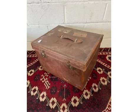 A Vintage Bentwood Three Ply 'Veneer Triple Strength' Leather travel trunk. Designed with initials E.H. to the top and also s