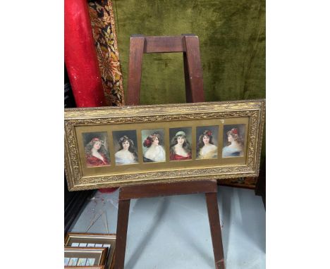 Angelo Asti 6 Framed coloured antique portrait lady prints. Fitted within a moulded gilt frame. [31X71CM] 