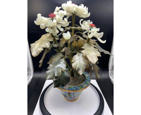An Antique Large Chinese Jade flower within a cloisonné planter. Showing maker label to the base. [37cm in height]