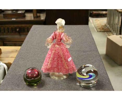 Two Caithness style Paperweights and a Murano Glass Figurine