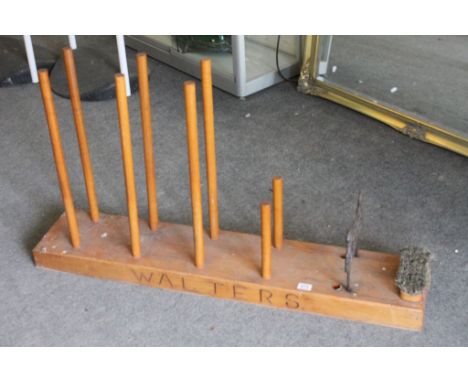 Vintage Pine Boot Stand for Four Pairs of Boots combined with an Iron Boot Scraper and Boot Brush 
