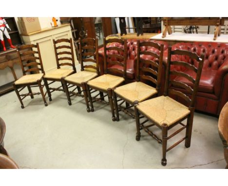 Set of Six Oak Ladder Back Dining Chairs with String Seats