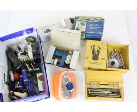 Collection of vintage Watchmakers tools to include; screwdrivers, clamps, magnifying glasses etc