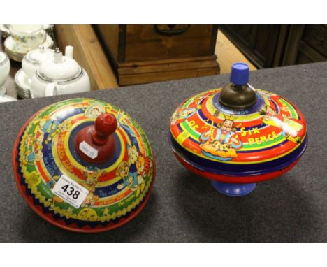 c1960's Vintage Chad Valley ' Hey Diddle Diddle ' Nursery Rhyme Tinplate Spinning Top No. 10034 plus another similar