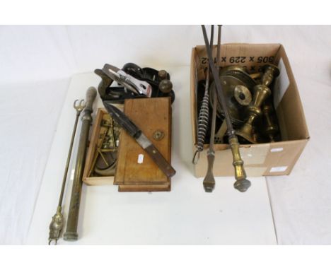 Mixed Lot of Stanley & Record Wood Working Plane, Brass Candlesticks, Pokers, Other Tools, etc