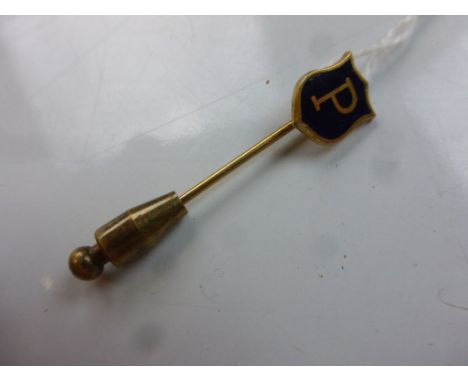 9ct gold lapel stick pin with Blue Enamel Shield marked ' P '