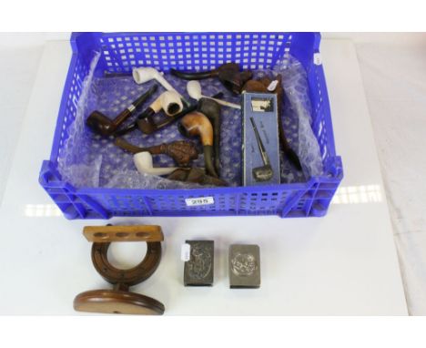 Group of vintage Pipes, Matchbox holders to include Carved Figurative bowl and Meerschaum etc